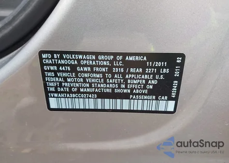 2012 Volkswagen Passat 2.5L S from USA, damaged, VIN 1VWAH7A39CC027423
